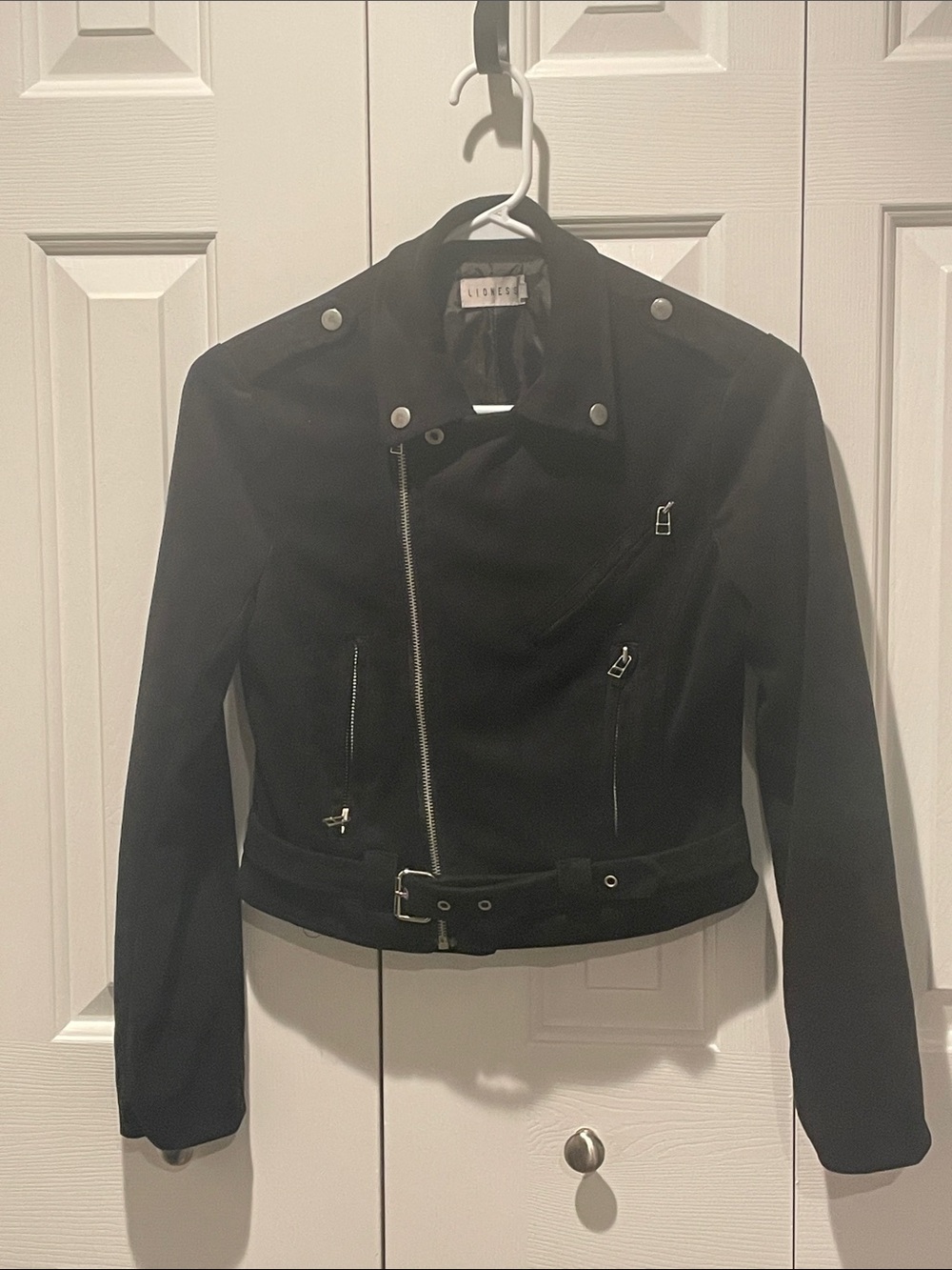 Lioness Black Cropped Moto Biker Jacket Belted Silver Hardware